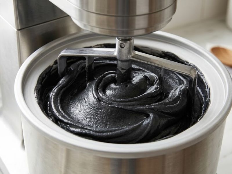 Black licorice ice cream reaching a thick soft-serve consistency