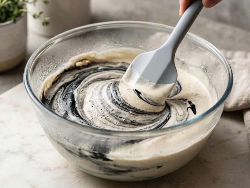 Mixing black food coloring into the ice cream base