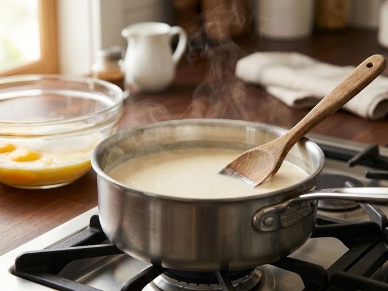 Creamy ice cream base warming in a saucepan