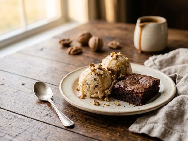 Black walnut ice cream served with caramel and toasted walnuts