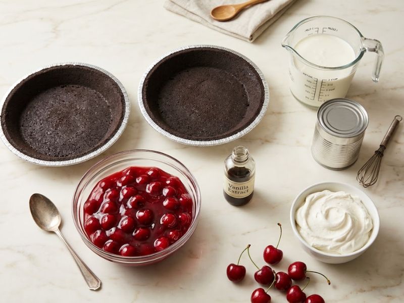 Ingredients for cherry ice cream pie with Oreo crusts, cherry filling, cream and condensed milk