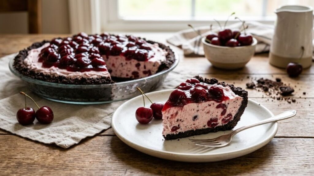 Cherry ice cream pie with creamy cherry filling and an Oreo chocolate cookie crust