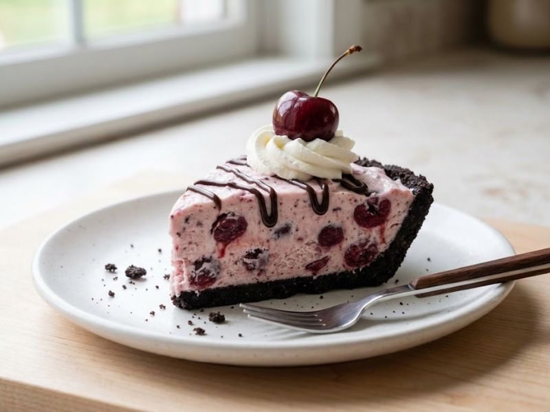 Slice of cherry ice cream pie with Oreo crust, whipped cream and a cherry topping