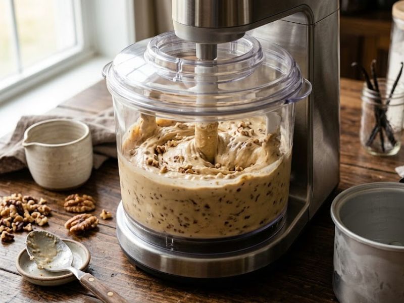 Black walnut ice cream churning in an ice cream maker