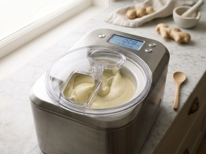 Churning homemade ginger ice cream in an ice cream maker