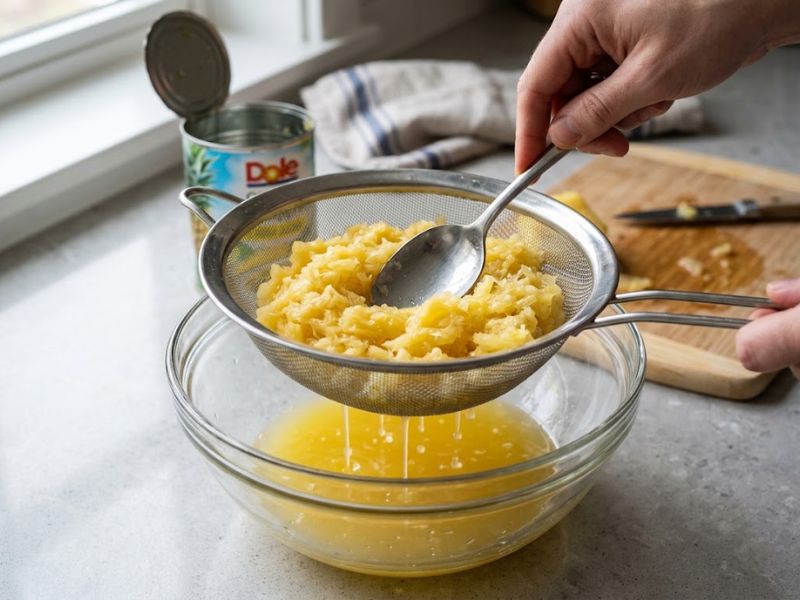 Pressing crushed pineapple in a sieve to drain excess juice