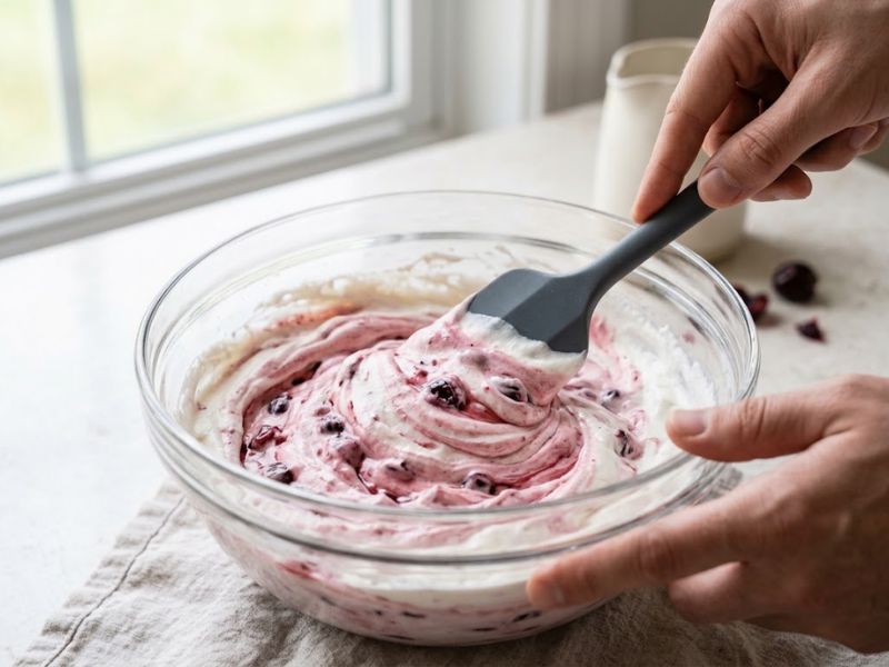 Folding cherry filling into whipped cream for a light frozen pie filling