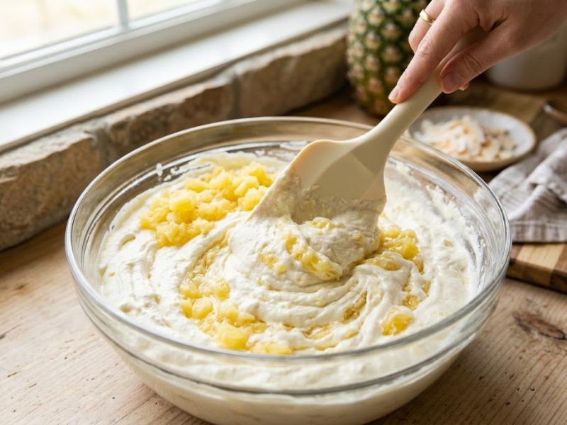 Folding crushed pineapple into whipped cream and condensed milk mixture