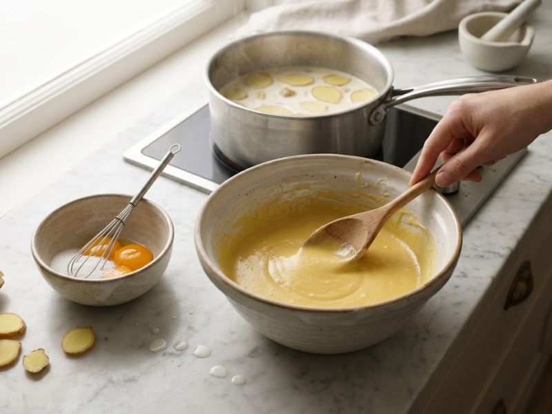 Preparing custard for homemade ginger ice cream
