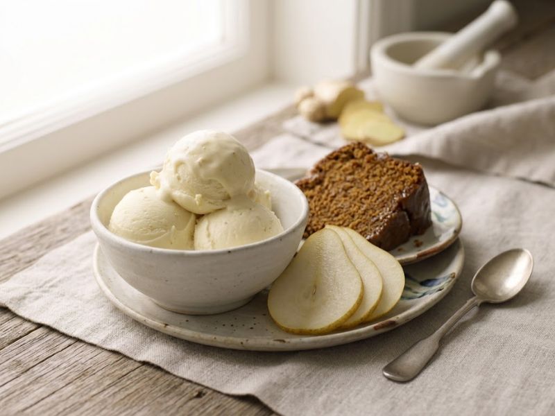 Ginger ice cream served with ginger cake and pear