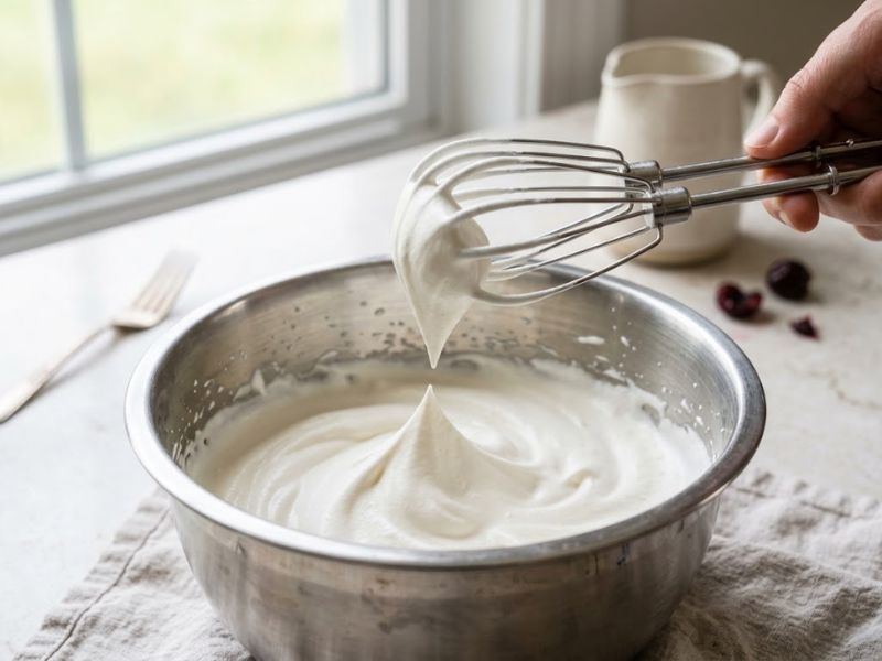Heavy whipping cream beaten to stiff peaks for cherry ice cream pie filling
