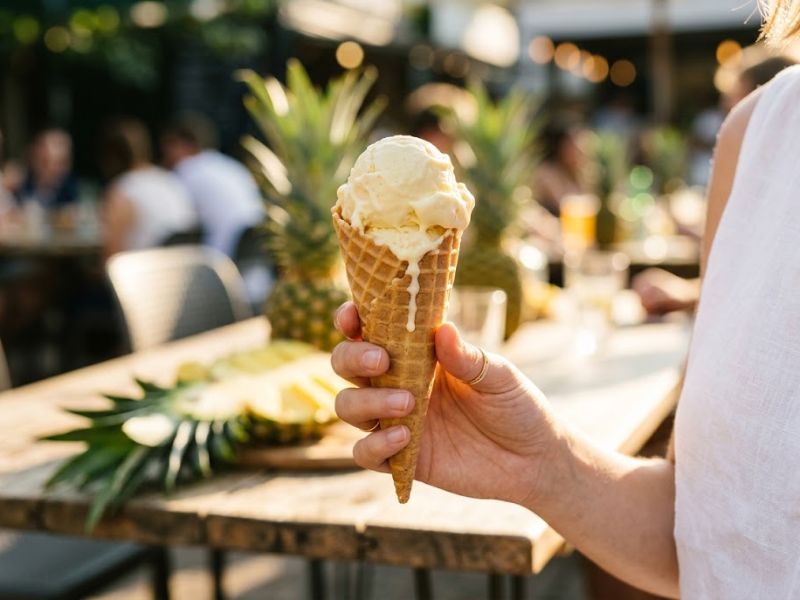 Homemade pineapple ice cream in a waffle cone on a sunny table