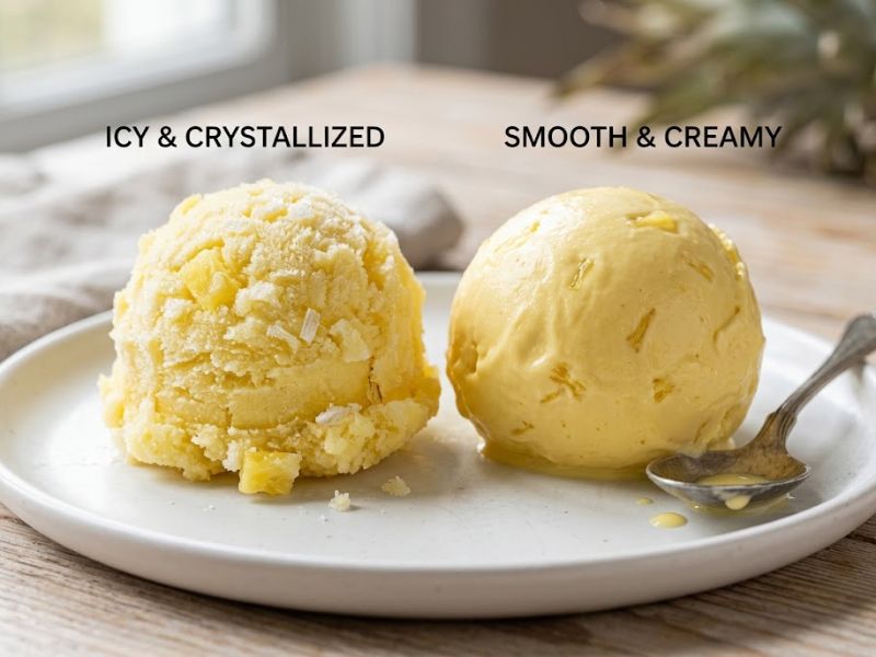 Comparison of icy and creamy no churn pineapple ice cream texture