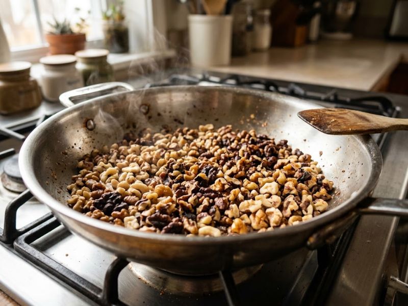 Toasting chopped black walnuts in a skillet