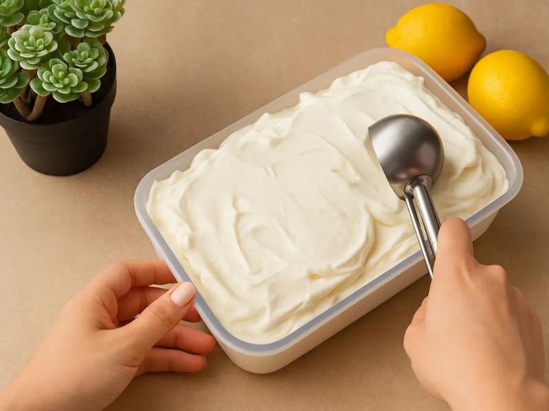Lemon ice cream mixture in a loaf pan before freezing