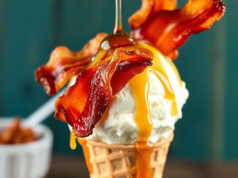 Maple bacon crunch ice cream in a waffle cone with crispy bacon and toffee topping