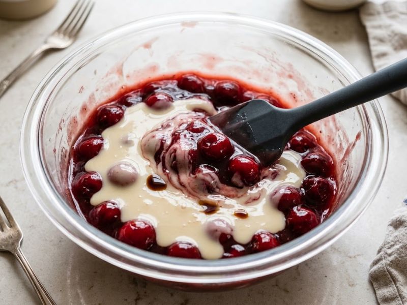 Cherry pie filling mixed with sweetened condensed milk for frozen cherry pie