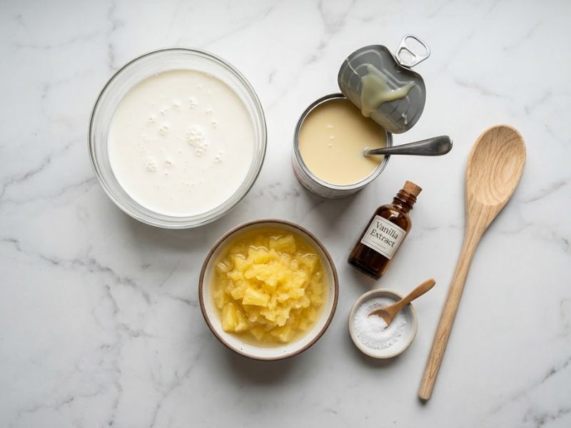 Ingredients for pineapple ice cream: heavy cream, condensed milk and crushed pineapple
