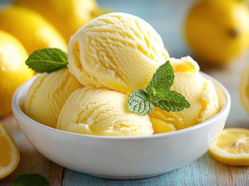 Homemade lemon ice cream served in a bowl with a fresh lemon slice