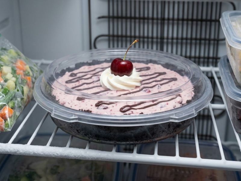 Cherry ice cream pie covered in a freezer-safe container for storage
