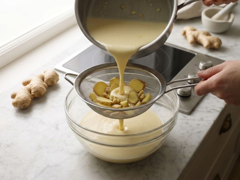 Straining ginger ice cream custard