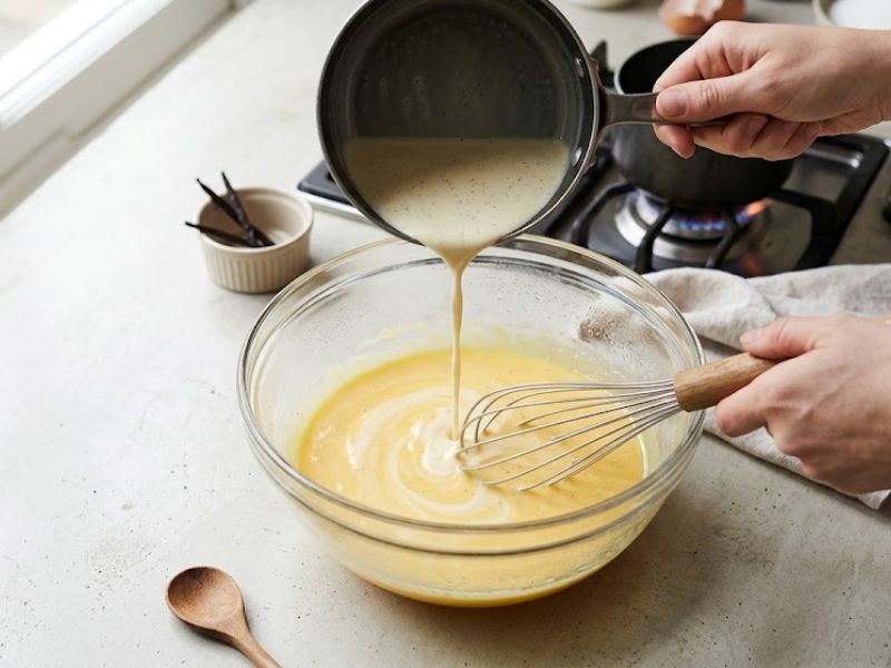 Tempering egg yolks with warm cream for ice cream