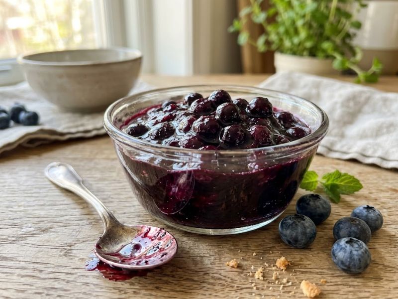 Thick blueberry compote prepared for blueberry cheesecake ice cream