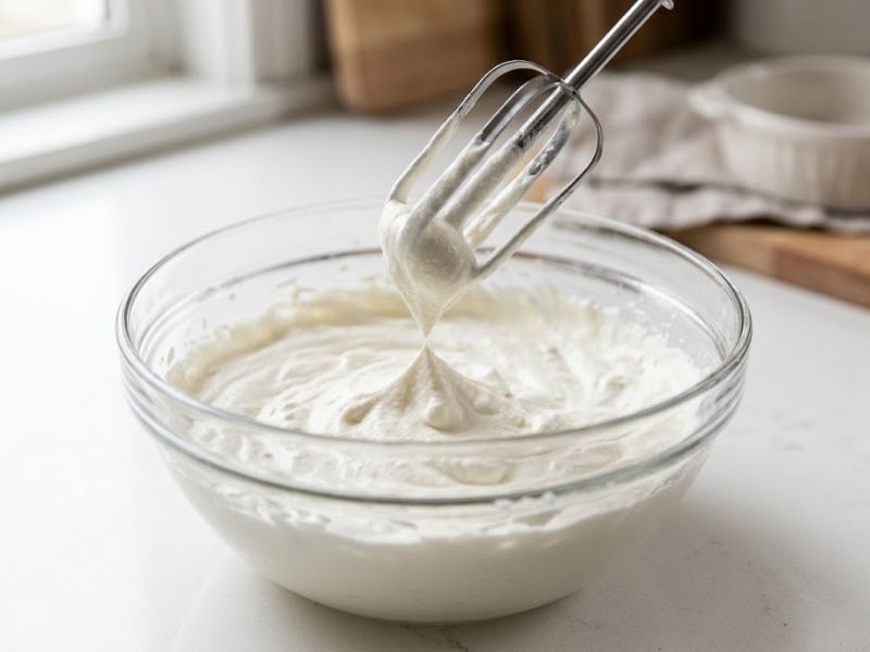 Heavy whipping cream whipped to stiff peaks in a glass mixing bowl